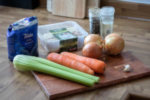 Soup ingredients on a chopping board