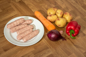 Pan-fried sausage and veg ingredients
